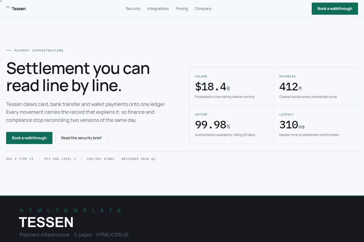 Tessen template — payment infrastructure landing page with a metric hero and a money-path diagram