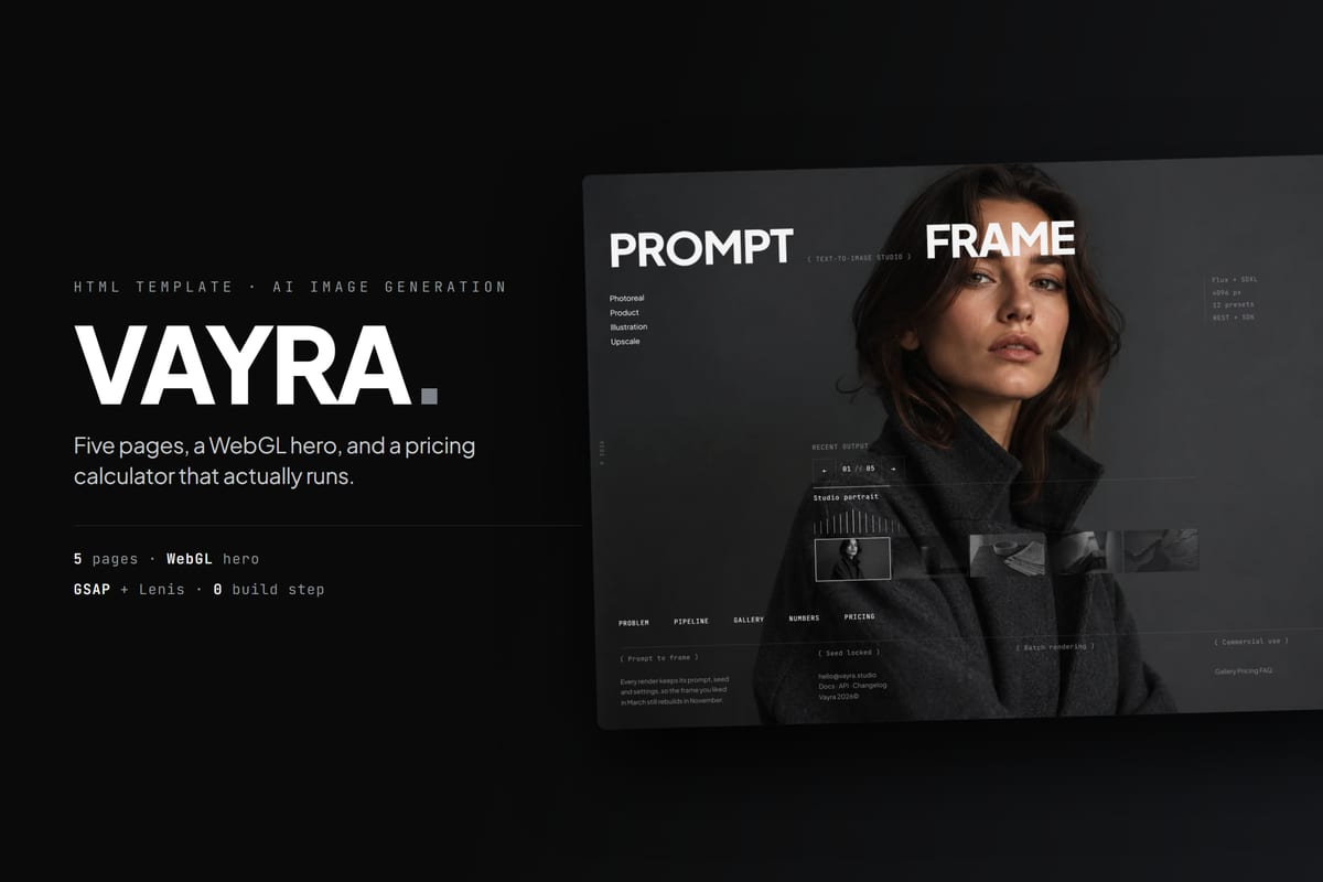 Vayra template — dark AI image generation landing page with a WebGL hero